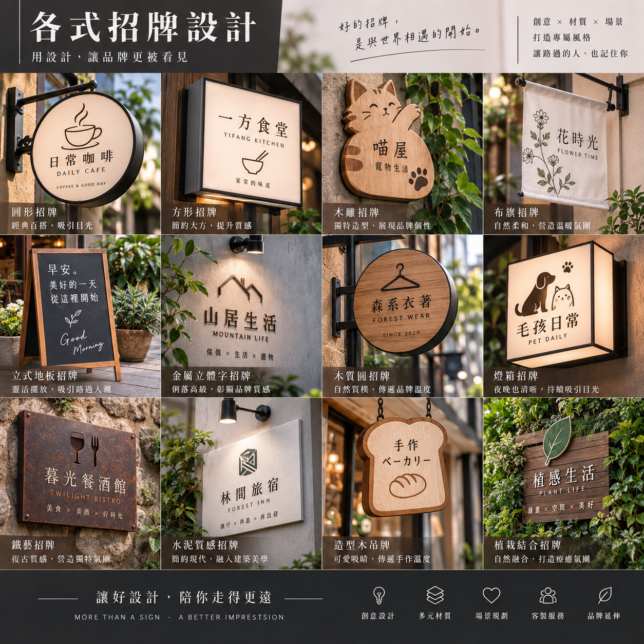 燈箱與招牌設計展示:圓形、方形、燈箱及各式材質招牌
